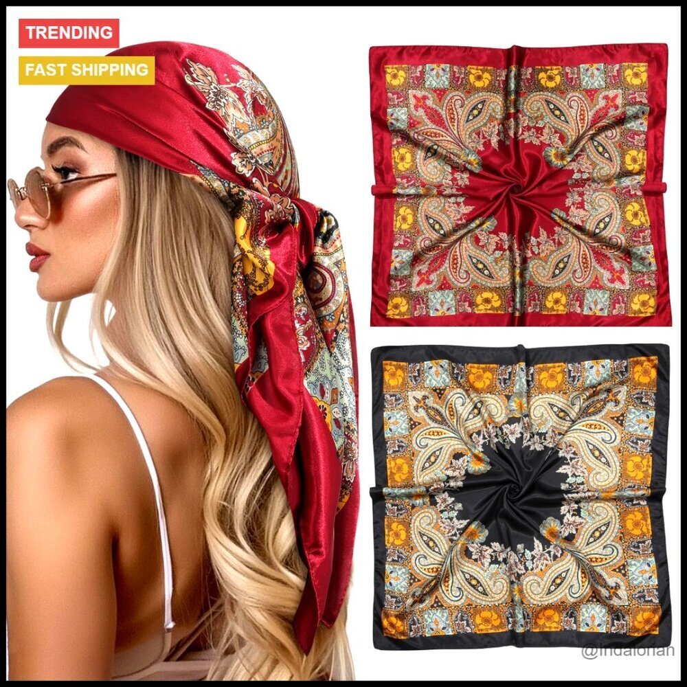 Satin Silk-Like Head Scarf 2-Piece Set Versatile Boho Chic Accessory